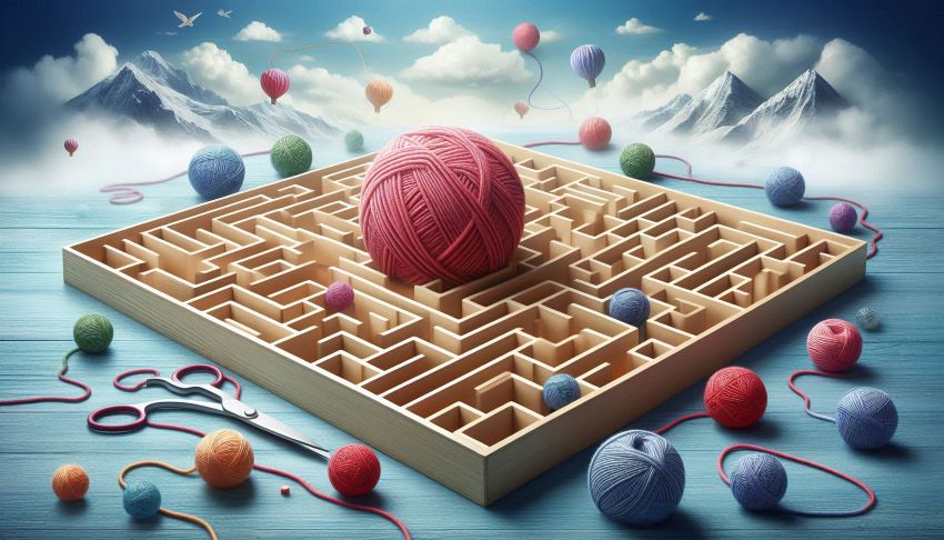 Eu sou sua aliada na busca do conhecimento. Imagem de um labirinto e um novelo de lã.